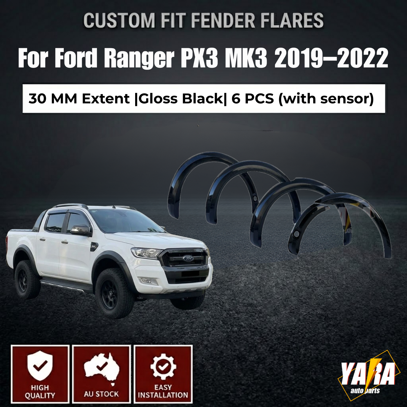 Slim Style Fender Flares for Ford Ranger PX3 MK3 2019–2022 (With Sensor Only)