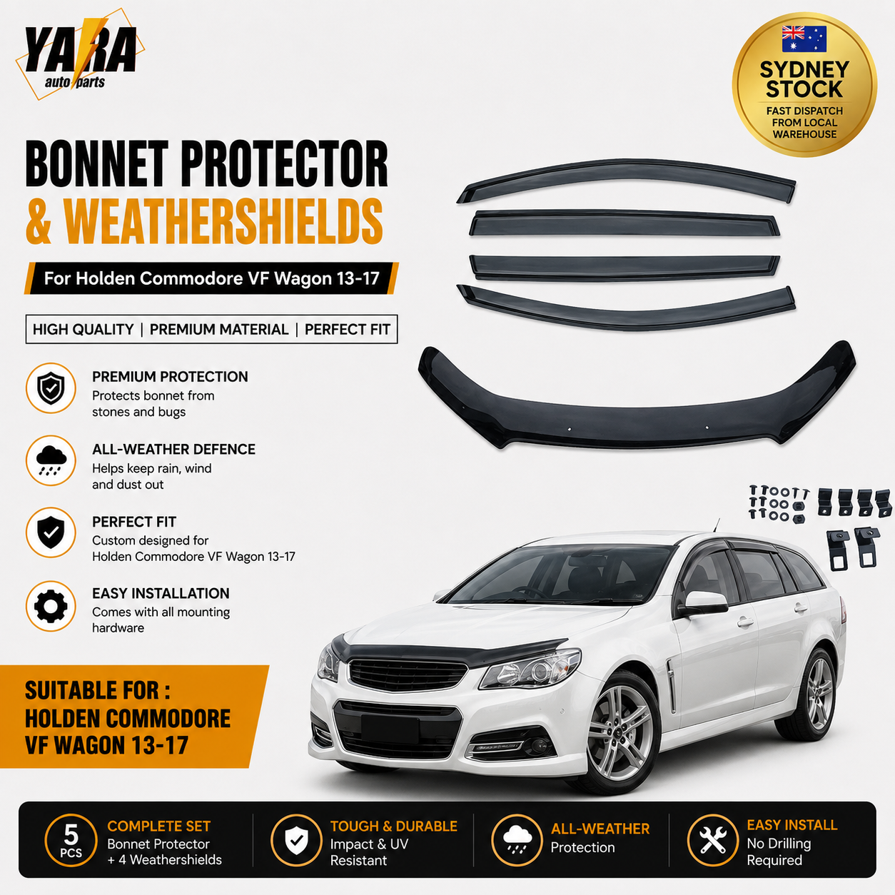 Bonnet Protector & Weathershields for Holden Commodore VF Sportwagon 2013–2017 (1-Year Warranty)