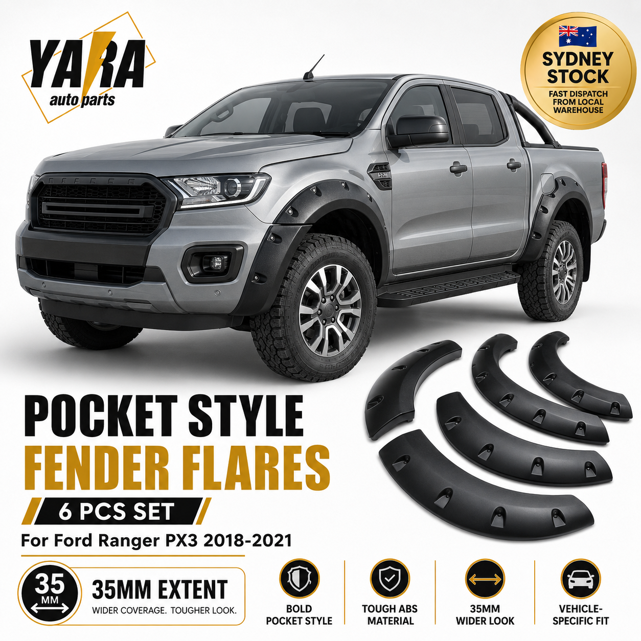 Pocket Style Fender Flares For Ford Ranger PX3 2018–2021 6PCS 35mm extent