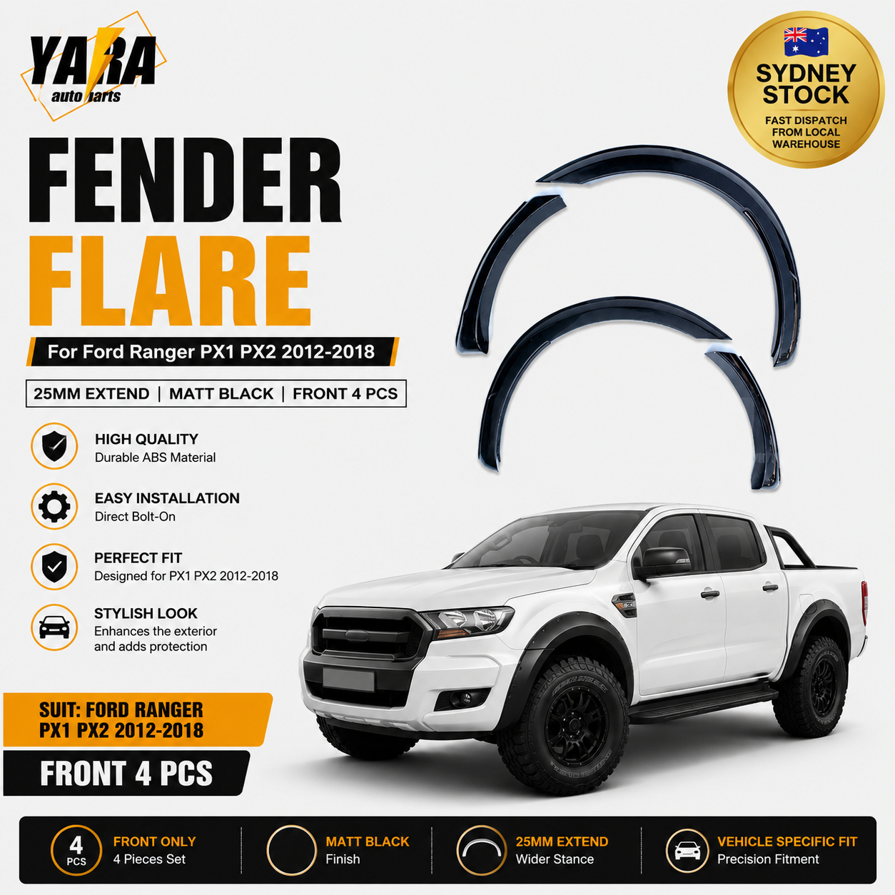 Slim Fender Flares Matte Black for Ford Ranger PX1/PX2 2012–2018 4PCS