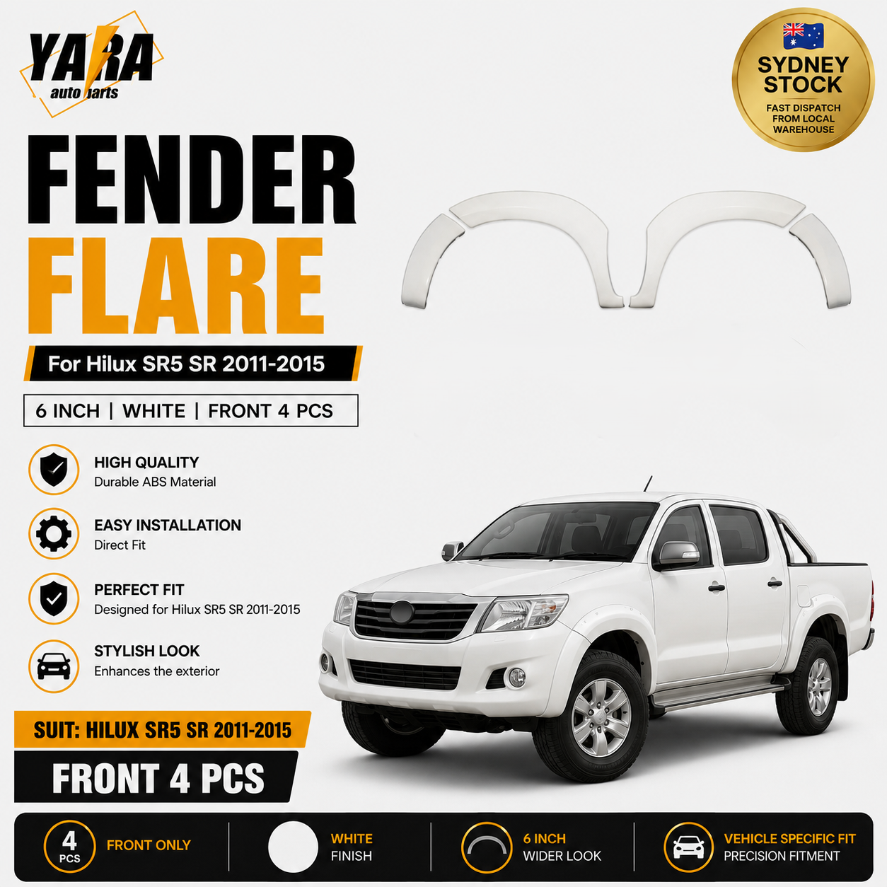 White Front Fender Flares For Toyota Hilux SR/SR5 2011–2015 4PCS Facelift