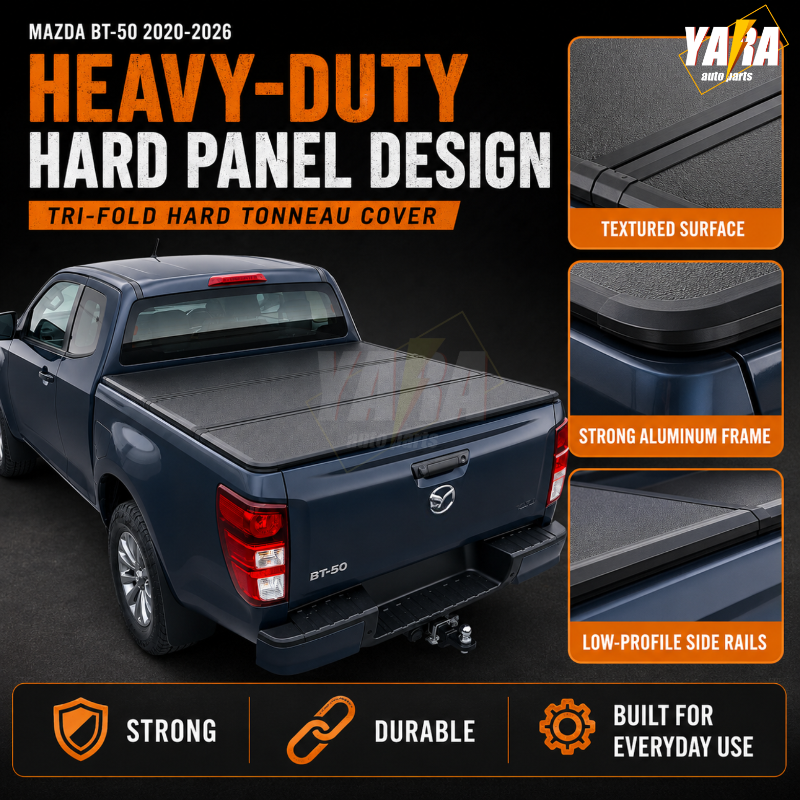 Heavy-Duty Aluminium Tri-Fold Hard Tonneau Cover for Mazda BT-50 2020-2026