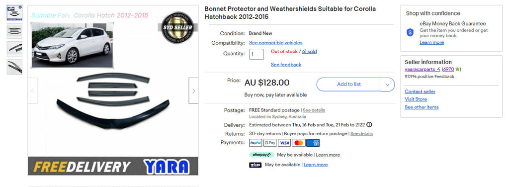 Bonnet Protector and Weathershields Suitable for Corolla Hatchback 2012-2015