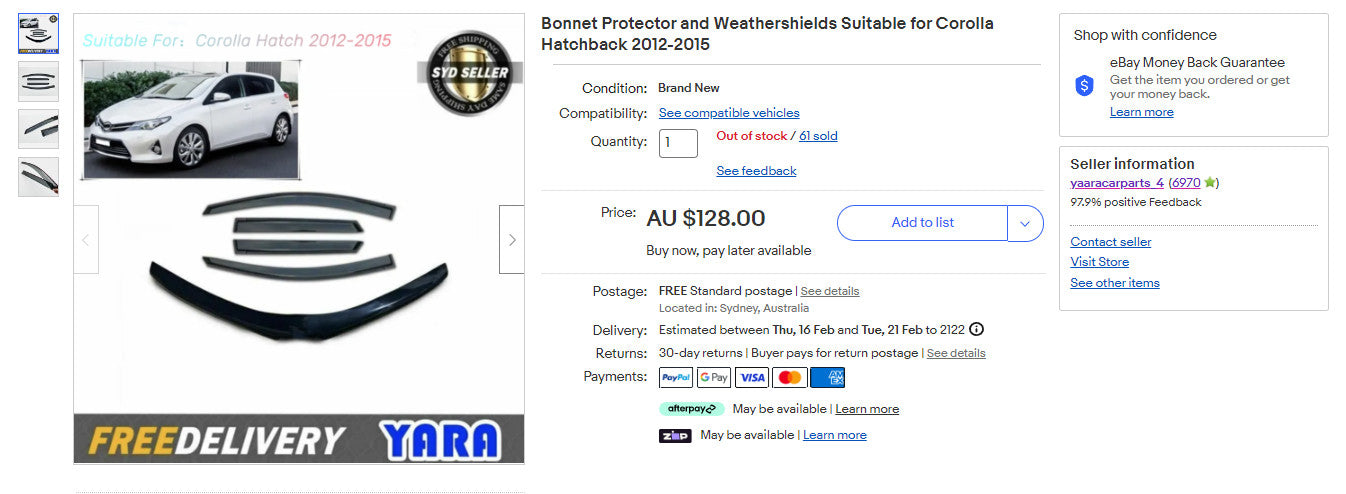 Bonnet Protector and Weathershields Suitable for Corolla Hatchback 2012-2015