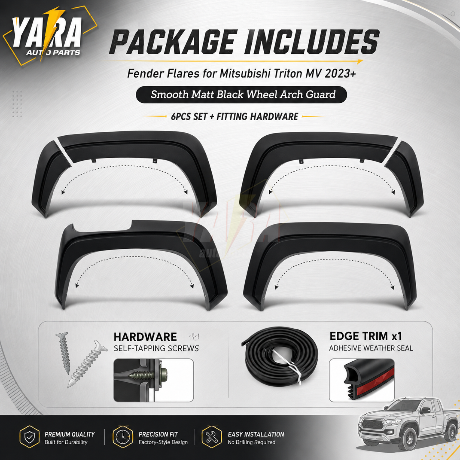 Factory Style Fender Flares For Mitsubishi Triton MV 2024+ 6PCS Matte Black