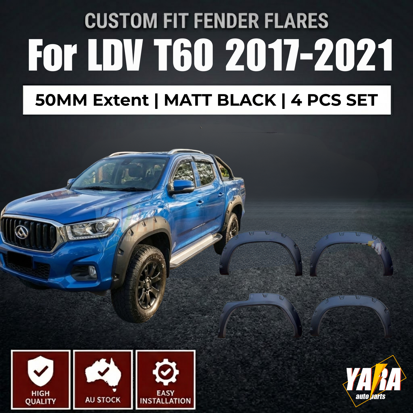 Pocket Style Fender Flares for LDV T60 2017–2021  Matte Black BoltOn Look 4PCS