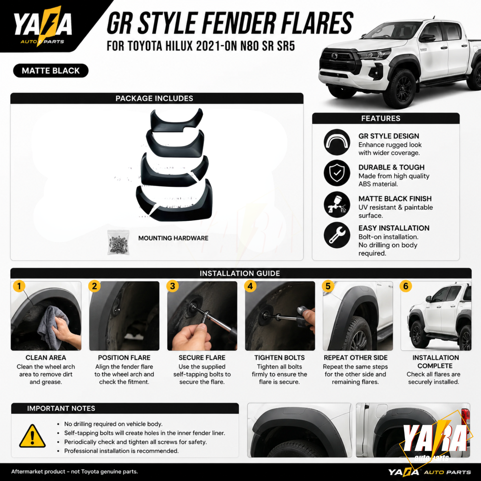 GR Style Fender Flares For Toyota Hilux N80 SR SR5 2021–2025 6PCS Matte Black