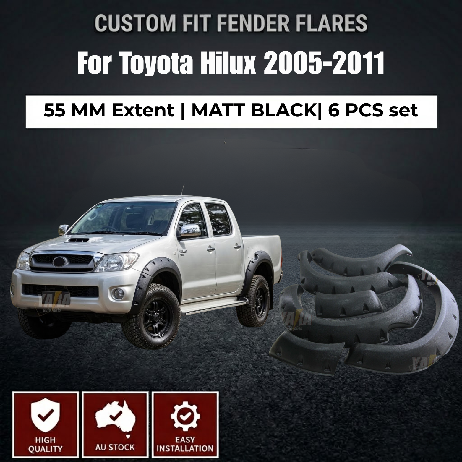 Pocket Fender Flares for Toyota Hilux SR SR5 2005–2011 Textured ABS 6PCS Matte Black