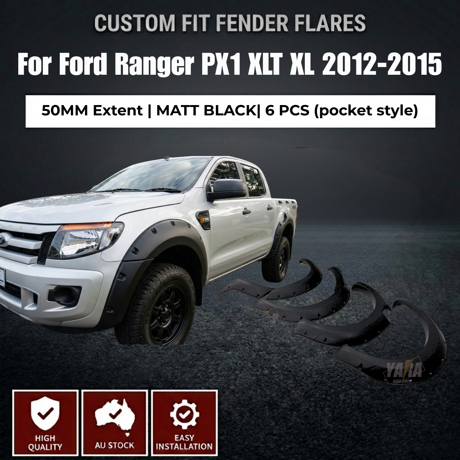 Pocket Style Matte Black Fender Flares for Ford Ranger PX1 XLT/XL 2012–2015 | 6PCS Guard Trim Kit