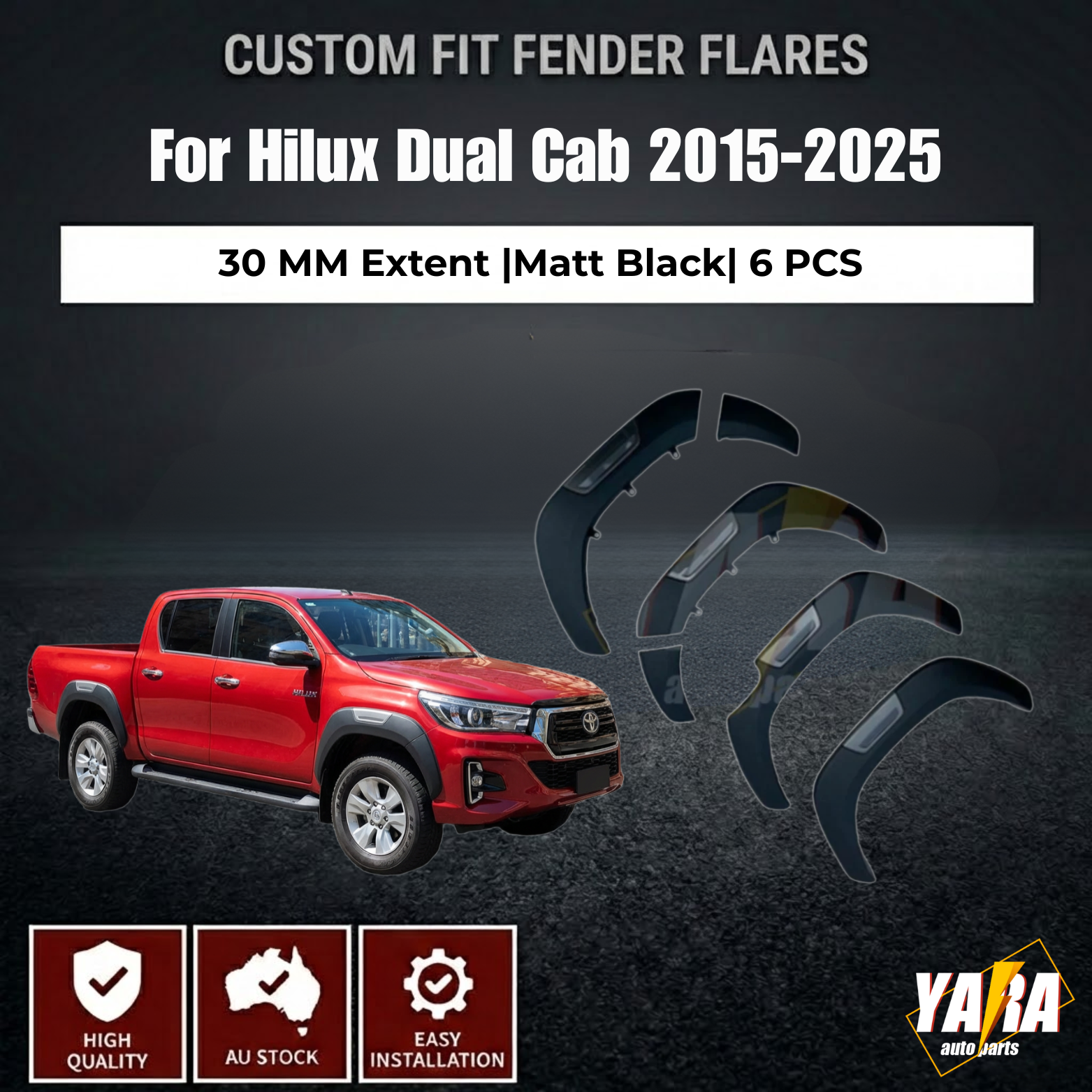 6'' Matte Black & Grey Fender Flare Kit for Toyota Hilux Dual Cab 2015–2025 (6PCS)
