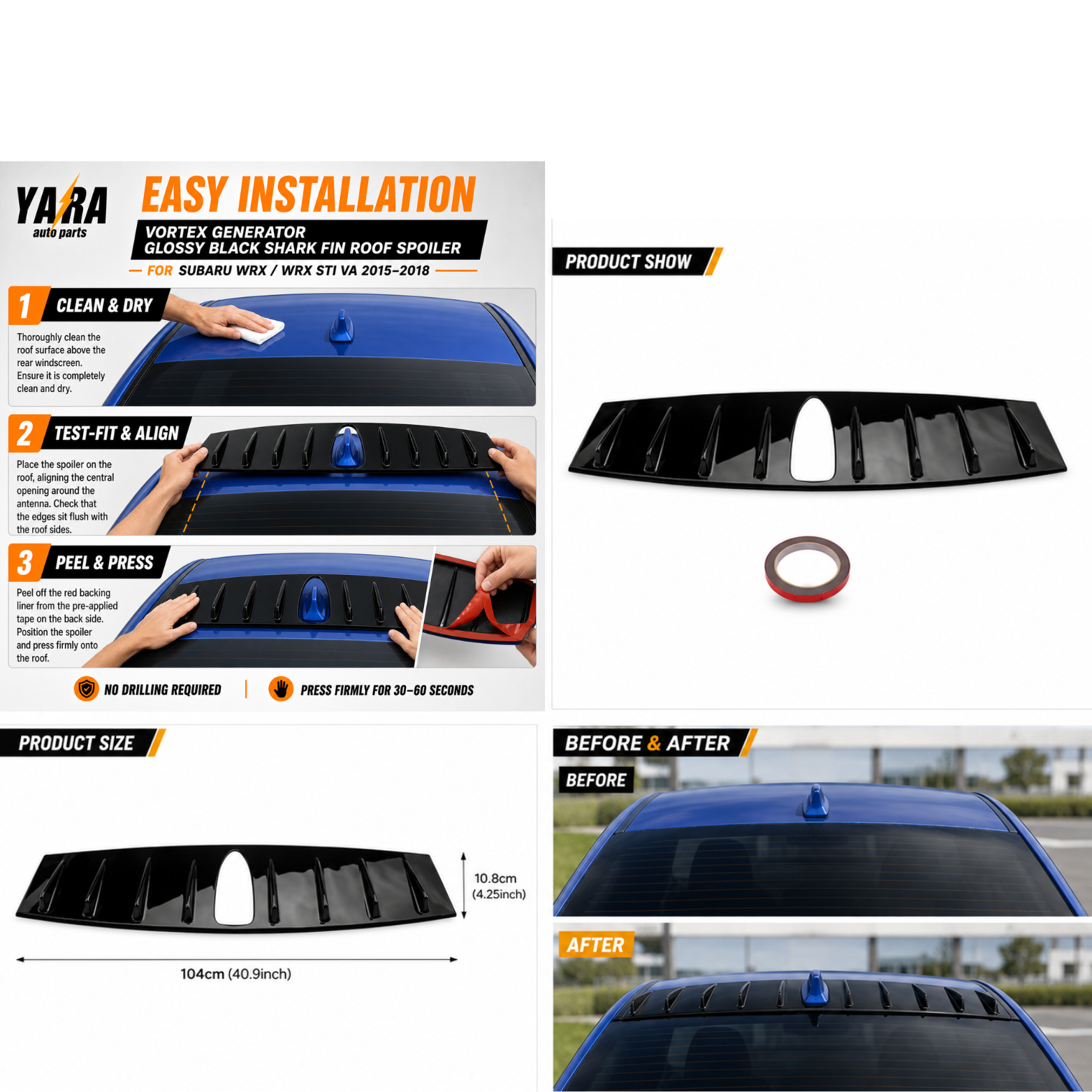 Gloss Black Vortex Generator Roof Spoiler For Subaru WRX STI VA 2015–2021