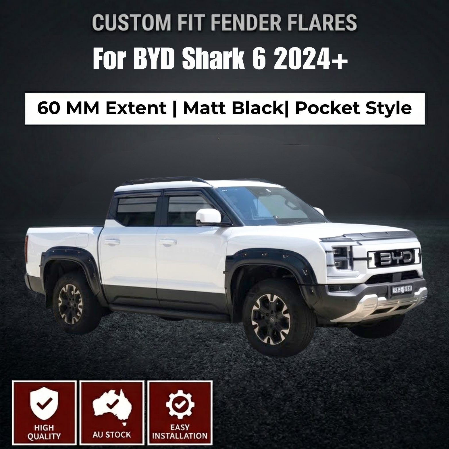 BYD Shark 6 Fender Flares 2024+ 60mm  Pocket Style Matte Black 6PCS