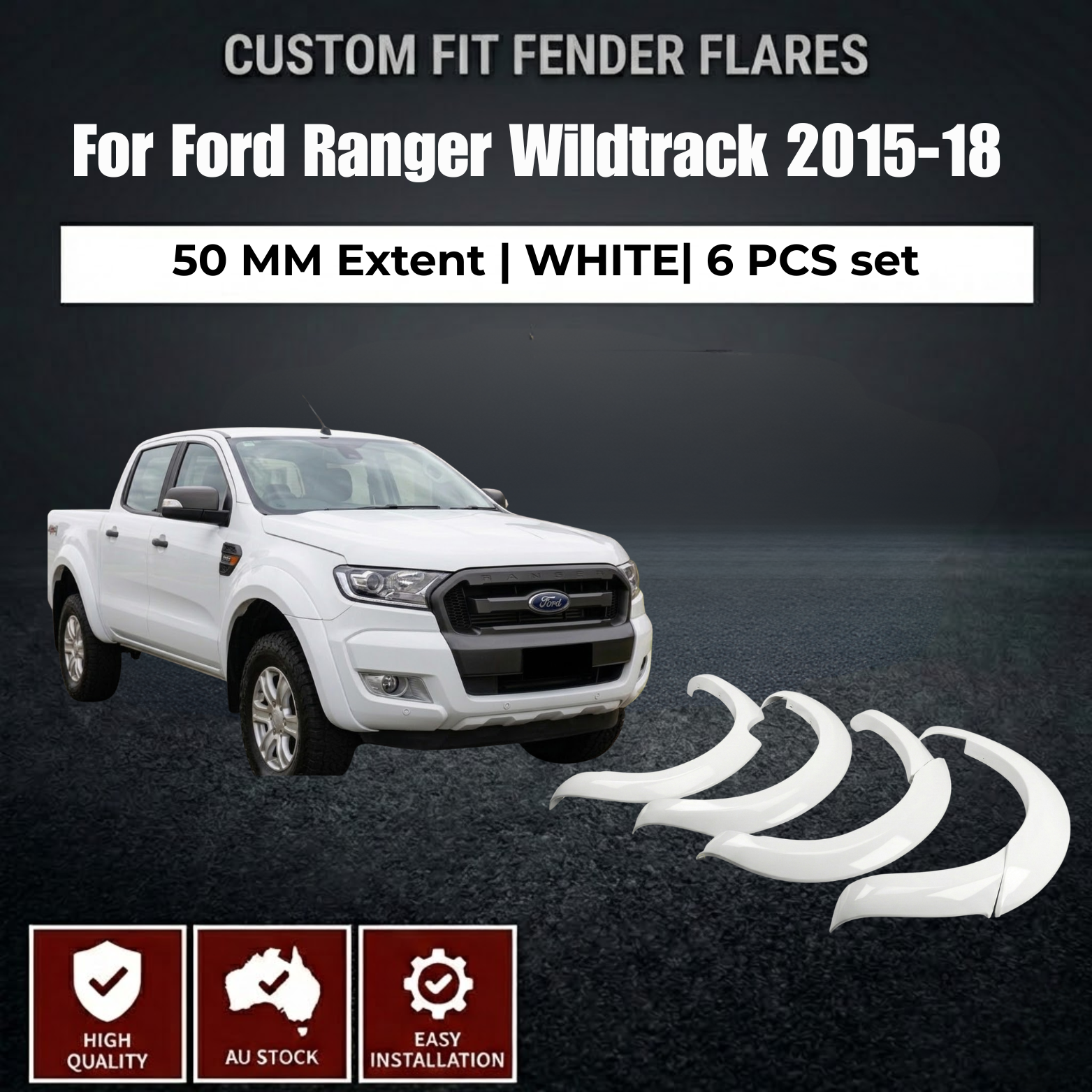 White Fender Flares Wheel Arch for Ford ranger PX2 MK2 Wildtrack 2015-18 6pcs