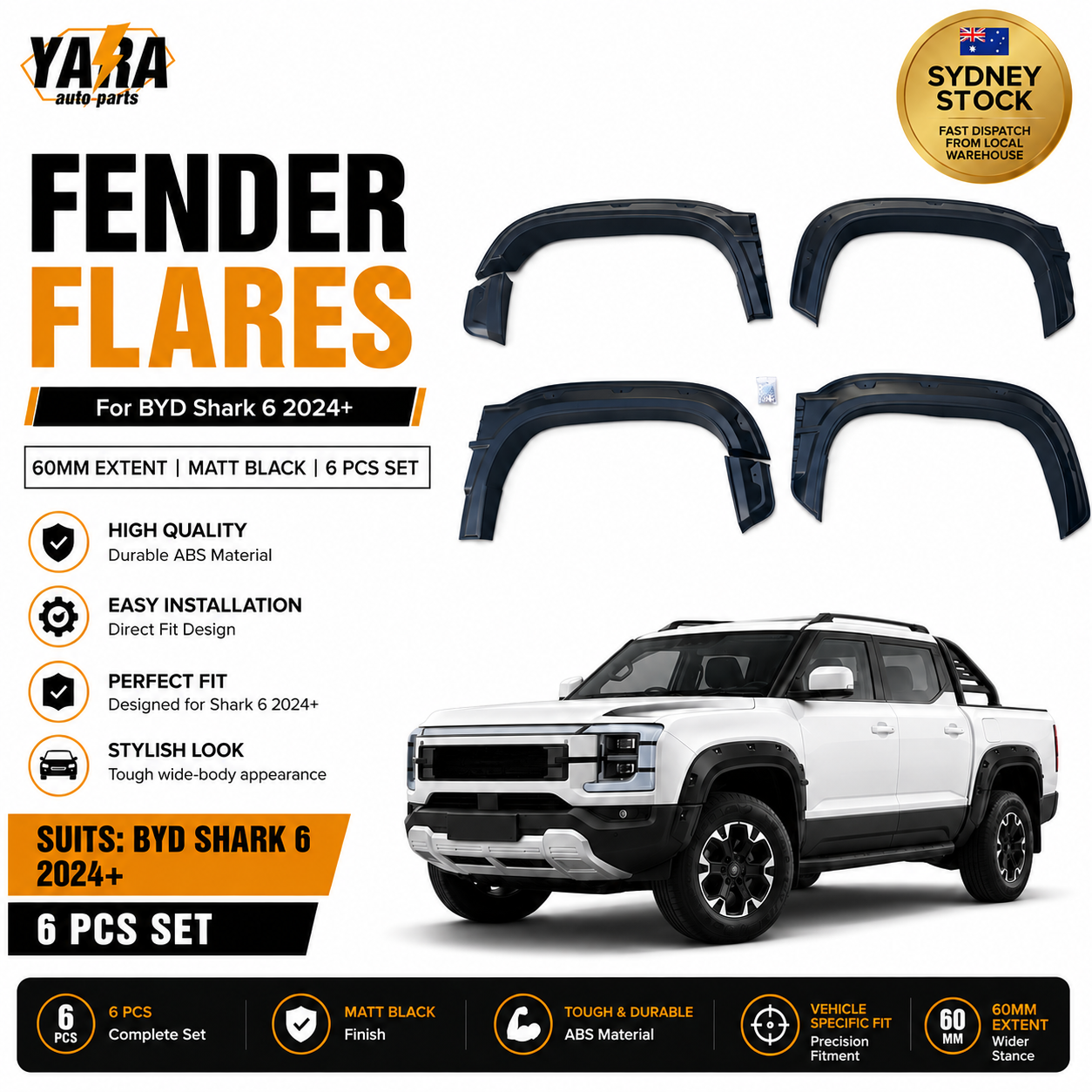 BYD Shark 6 Fender Flares 2024+ 60mm  Pocket Style Matte Black 6PCS