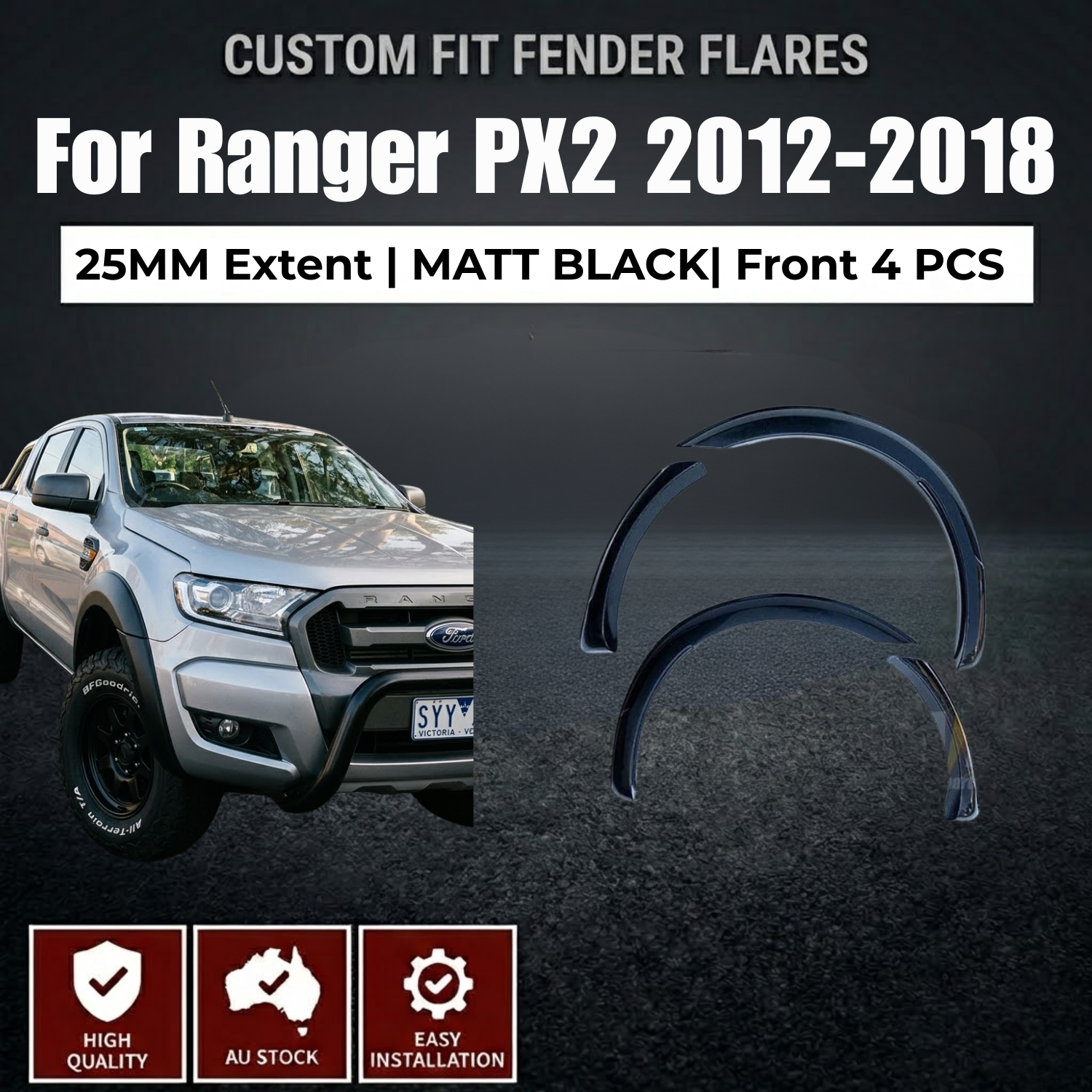 Slim Fender Flares Matte Black for Ford Ranger PX1/PX2 2012–2018 4PCS