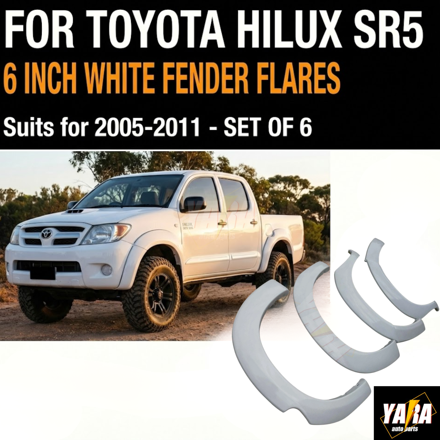 Gloss White Fender Flares for Toyota Hilux SR SR5 Dual Cab 2005–2011 (pre-facelift) | 6” Factory Style (6PCS)