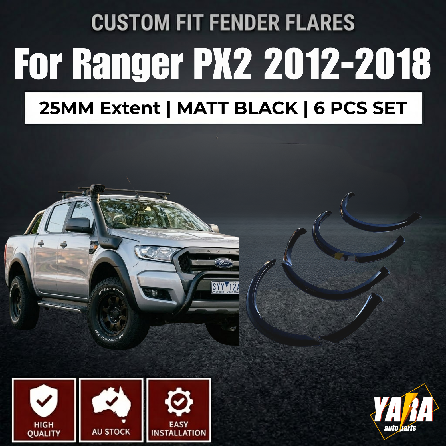 Slim Style Matte Black Fender Flares for Ford Ranger PX2 2012–2018 | 6PCS Guard Arch Kit