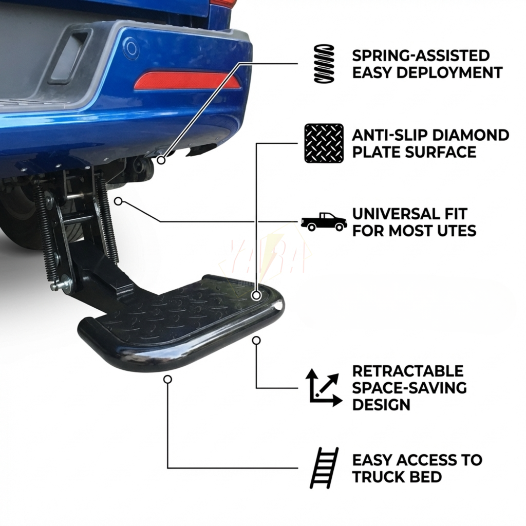 Heavy Duty Universal Retractable Tailgate Bed Step for Pickup Trucks & UTEs | 180kg Capacity