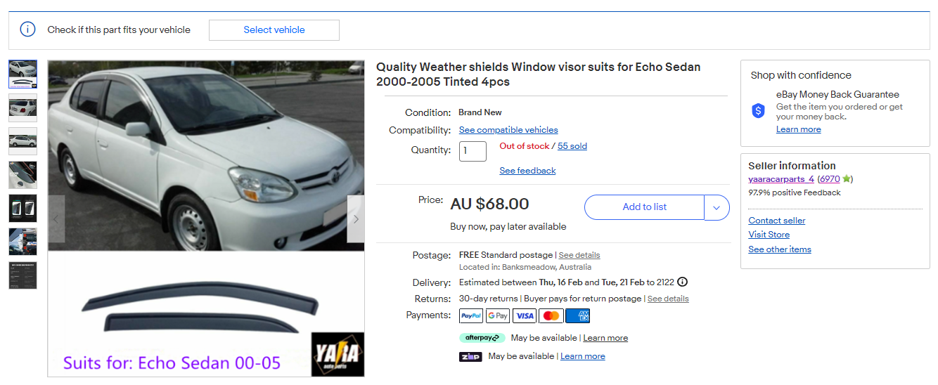 Quality Weather shields Window visor suits for Echo Sedan 2000-2005 Tinted 4pcs