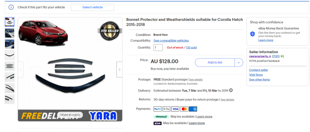 Bonnet Protector and Weathershields  suitable for Corolla Hatch 2015-2018