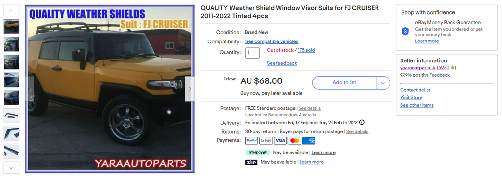 QUALITY Weather Shield Window Visor Suits for FJ CRUISER 2011-2022 Tinted 4pcs