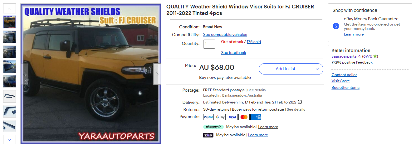 QUALITY Weather Shield Window Visor Suits for FJ CRUISER 2011-2022 Tinted 4pcs