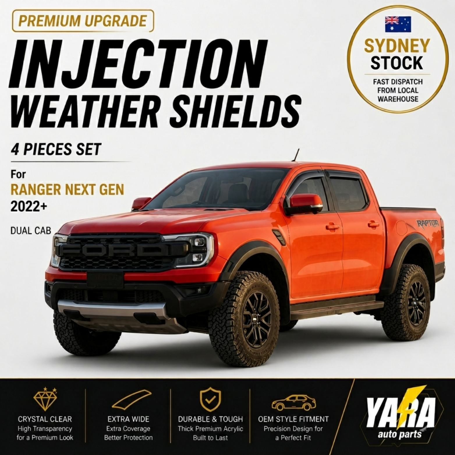 Injection WeatherShields  weather shields for Ford Range Dual Cab 2022+ 4pcs
