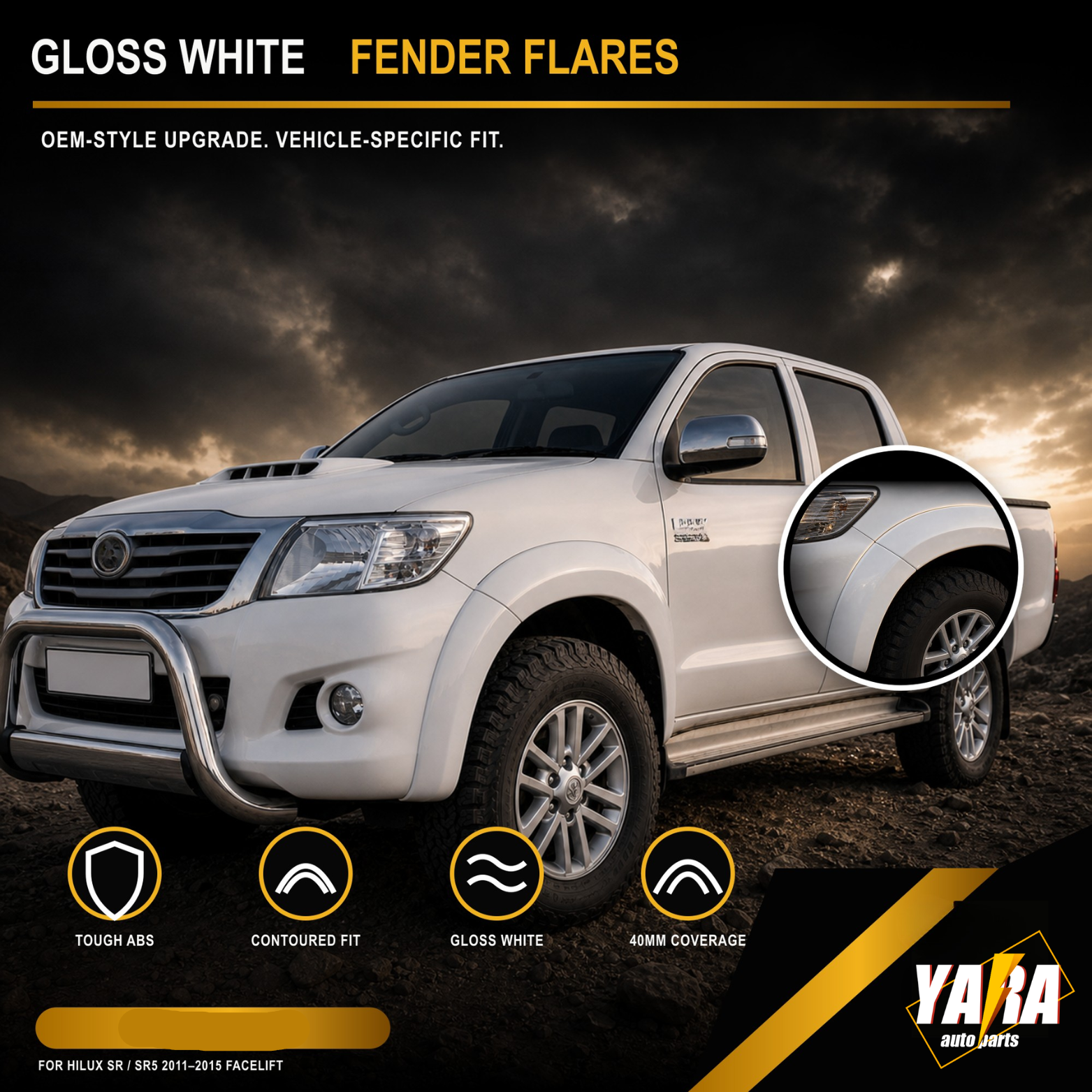 White Front Fender Flares For Toyota Hilux SR/SR5 2011–2015 4PCS Facelift