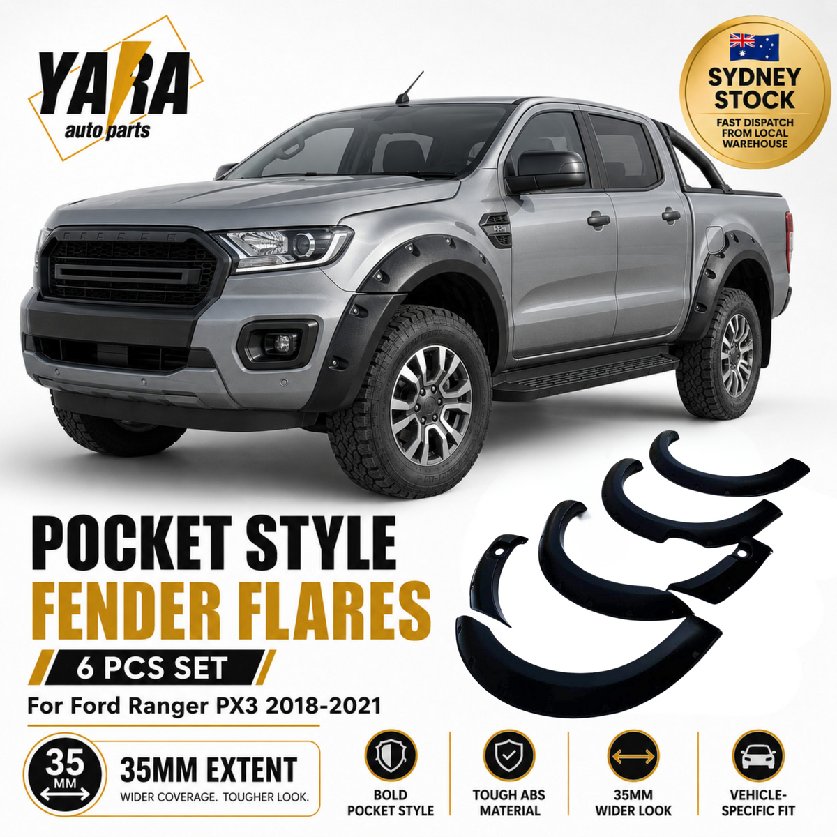 Pocket Style Fender Flares For Ford Ranger PX3 2018–2021 6PCS 35mm extent