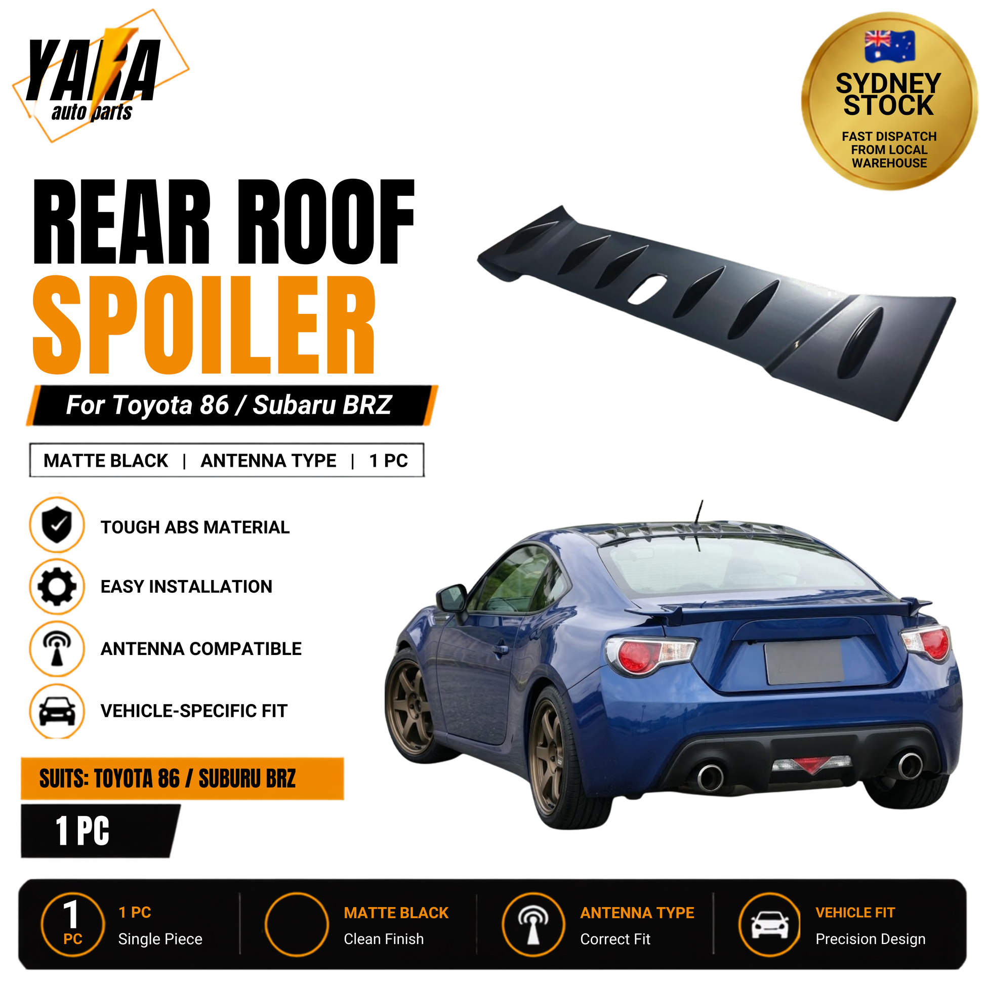 Rear Roof Vortex Shark Fin Spoiler Wing Suits Toyota GT86 & Subaru BRZ (Antenna Compatible)
