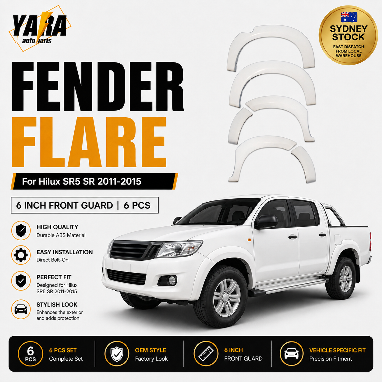 Gloss White Fender Flares for Toyota Hilux SR5/SR Dual Cab 2011–2014 (facelift)| 6-Inch Wheel Arch Kit (6PCS)
