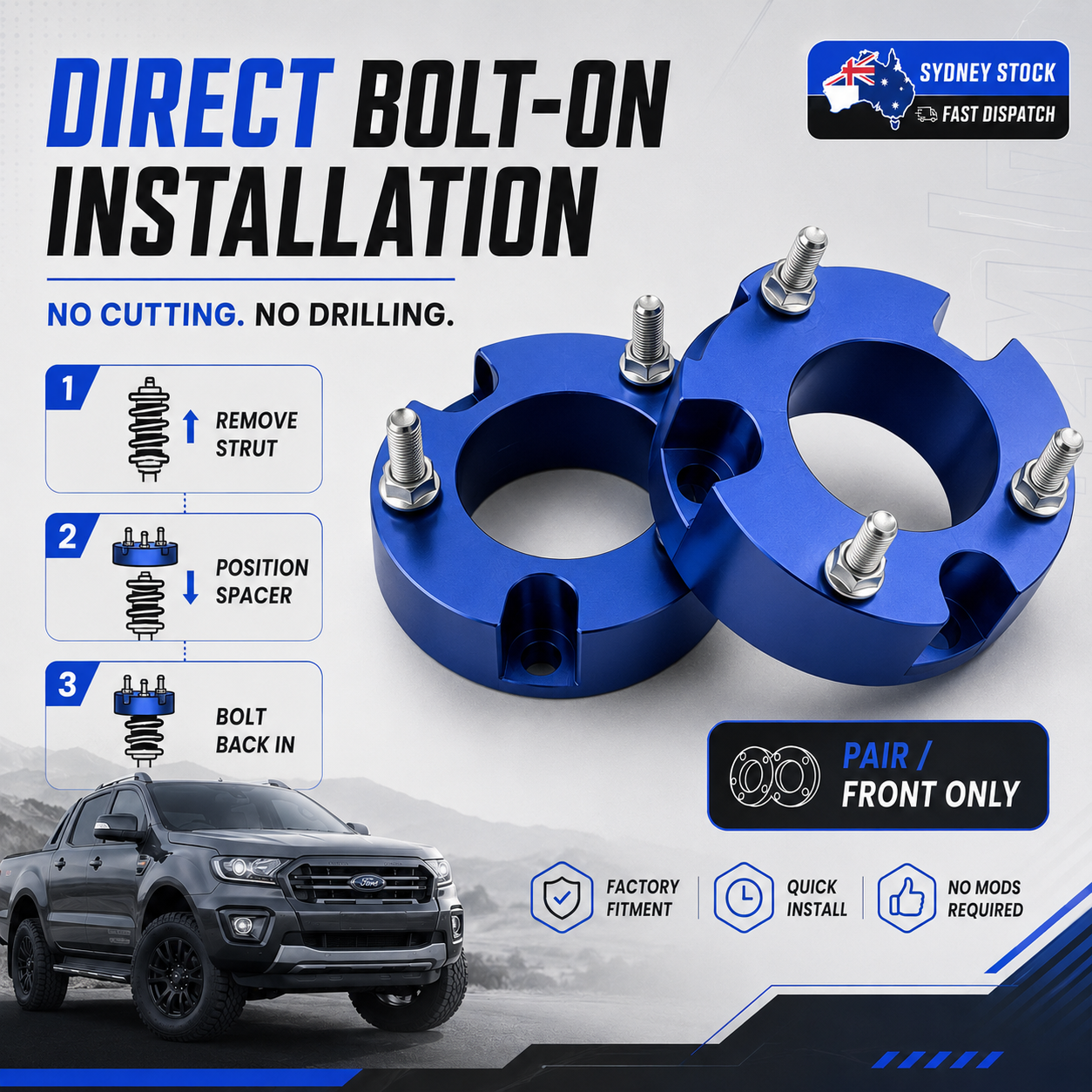 32mm Front Strut Spacer Lift Kit Pair for Ford Ranger PX1 PX2 2012–2018