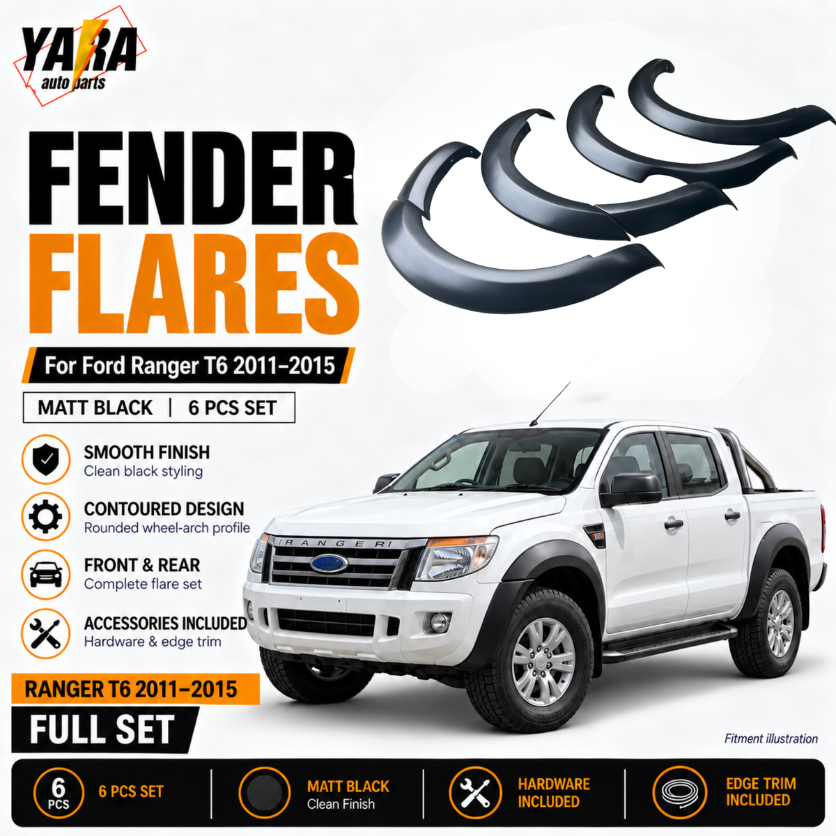 Matte Black Fender Flares For Ford Ranger PX1 T6 2011–2015 6PCS