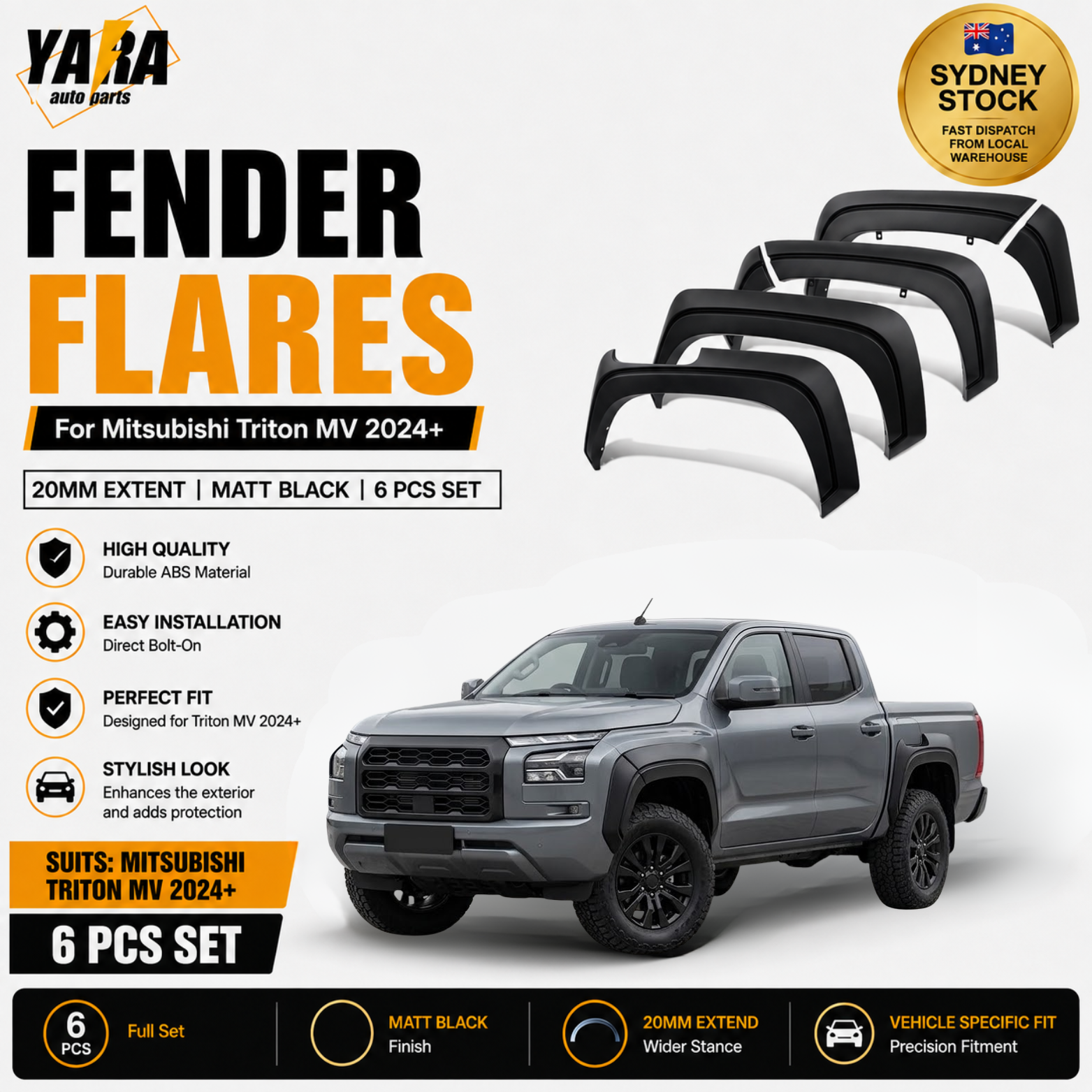 Factory Style Fender Flares For Mitsubishi Triton MV 2024+ 6PCS Matte Black
