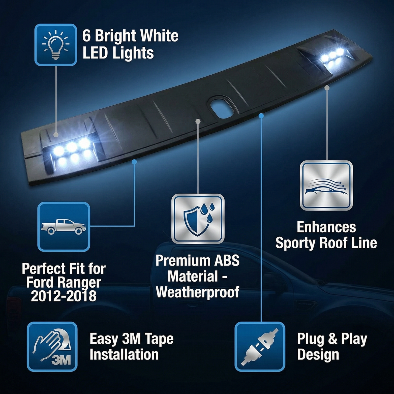 LED Front Roof Spoiler Cover For FORD Ranger PX PX2 T6 T7 Wildtrak 2012-2018