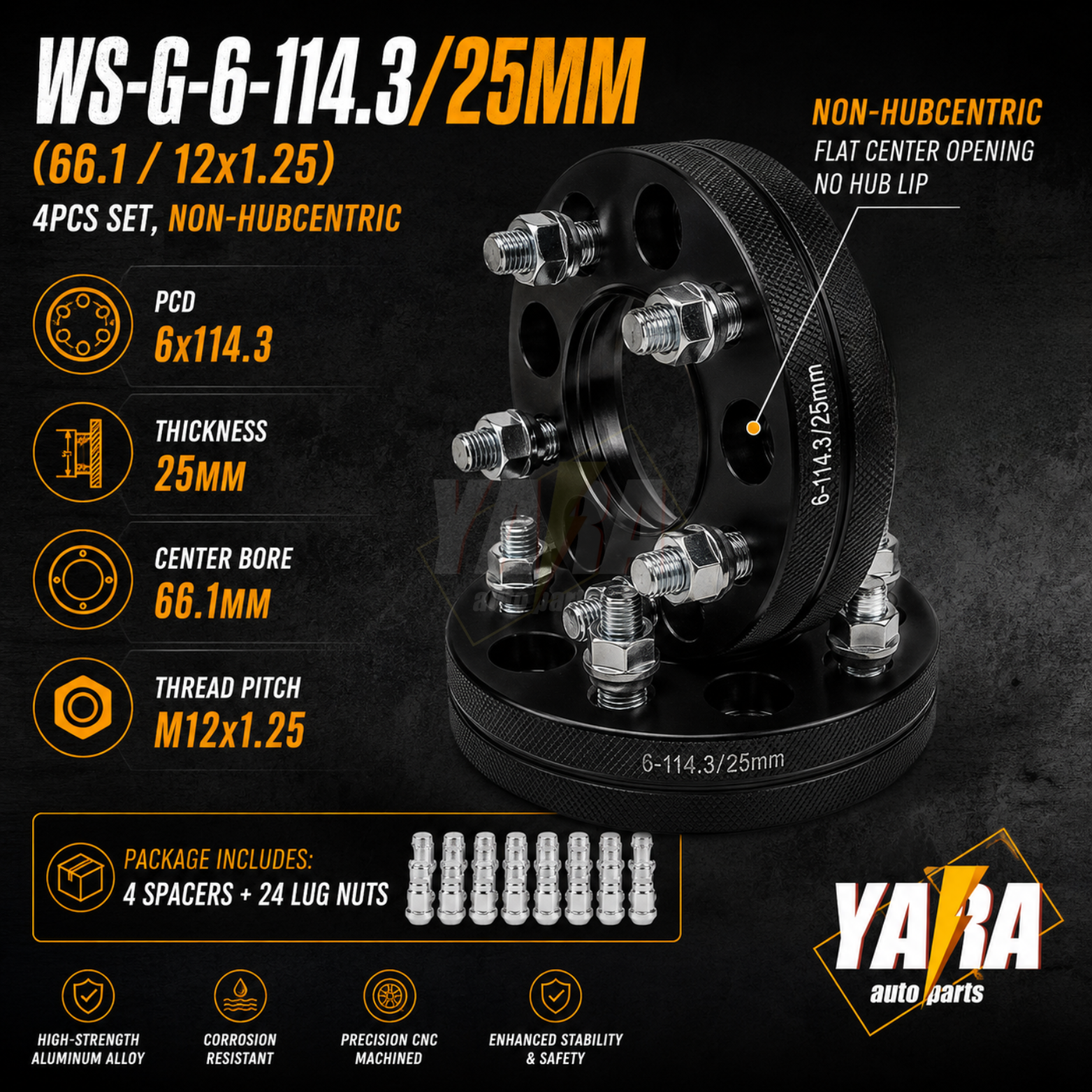 25mm Wheel Spacers 6x114.3 66.1CB M12x1.25 4PCS