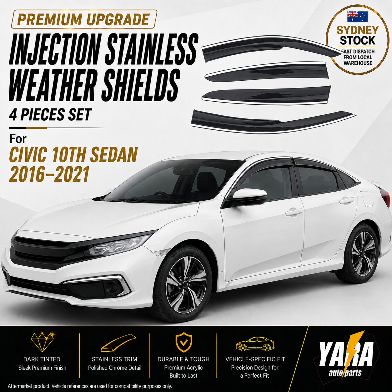 Injection Stainless Weather Shields Weathershields for Civic 10th Sedan 2016-21