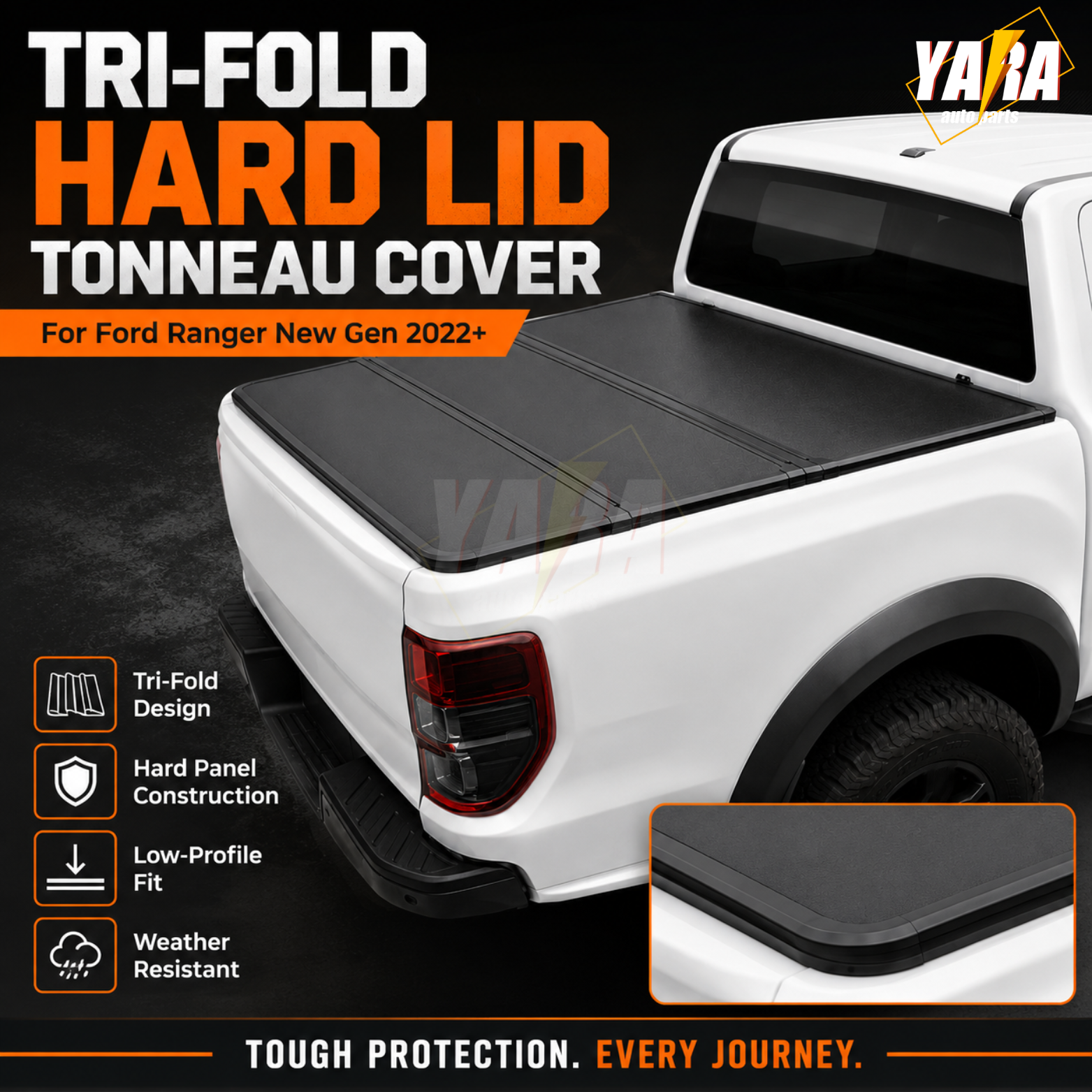 Heavy-Duty Aluminium Tri-Fold Hard Tonneau Cover for Ford Ranger Next-Gen 2022+