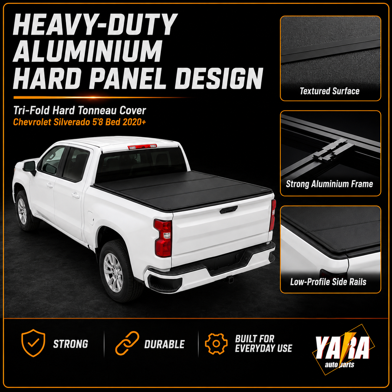 Aluminium Tri-Fold Folding Hard Tonneau Cover Suits Chevrolet Silverado 5'8" Bed 2020+