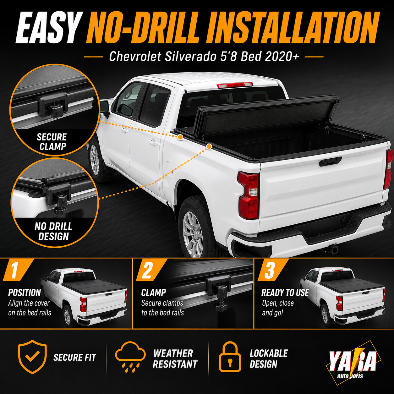 Aluminium Tri-Fold Folding Hard Tonneau Cover Suits Chevrolet Silverado 5'8" Bed 2020+