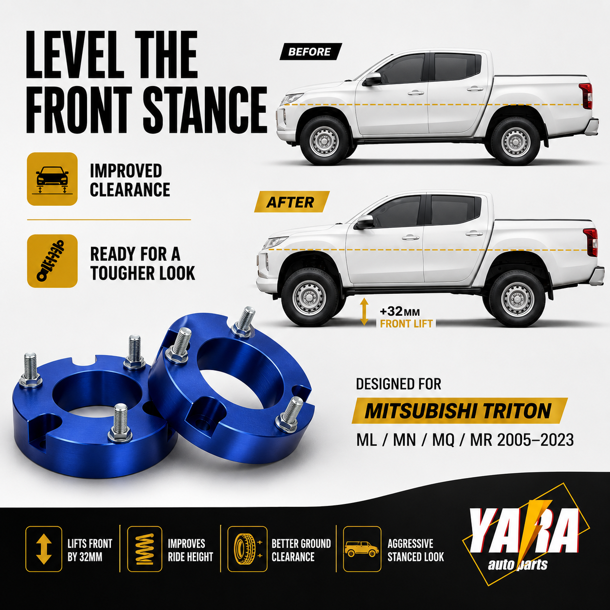 32mm Front Strut Spacer Lift Kit Pair for Mitsubishi Triton ML MN MQ MR 2005–2023