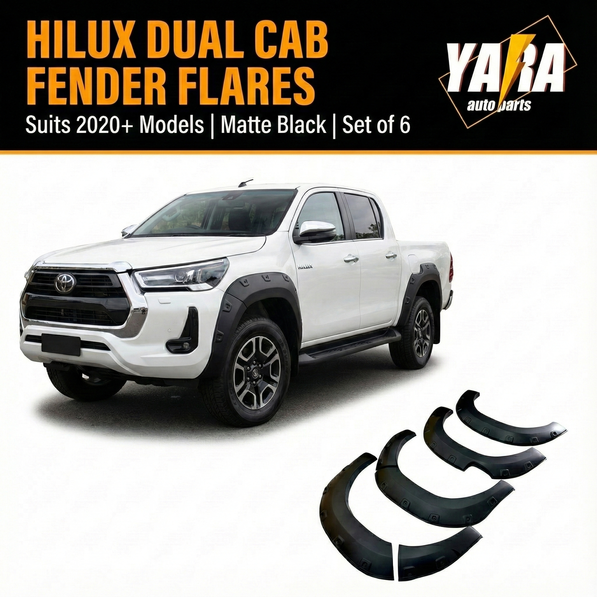 Pocket Style Fender Flares for Toyota Hilux 2020+ | Matte Black Guard Arch Trim (6PCS)