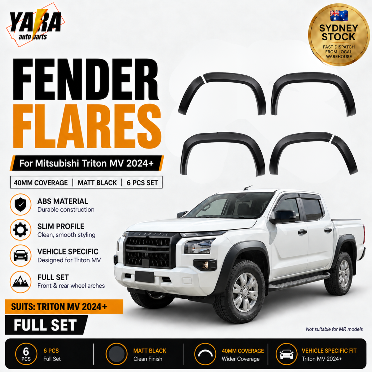 40mm Matte Black Fender Flares For Mitsubishi Triton MV 2024+ 6PCS