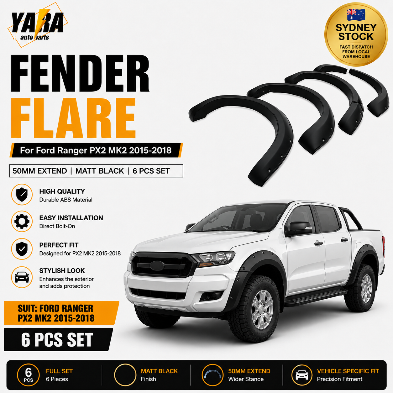 Pocket Style Fender Flares For Ford Ranger PX2 MK2 2015–2018 50mm 6PCS