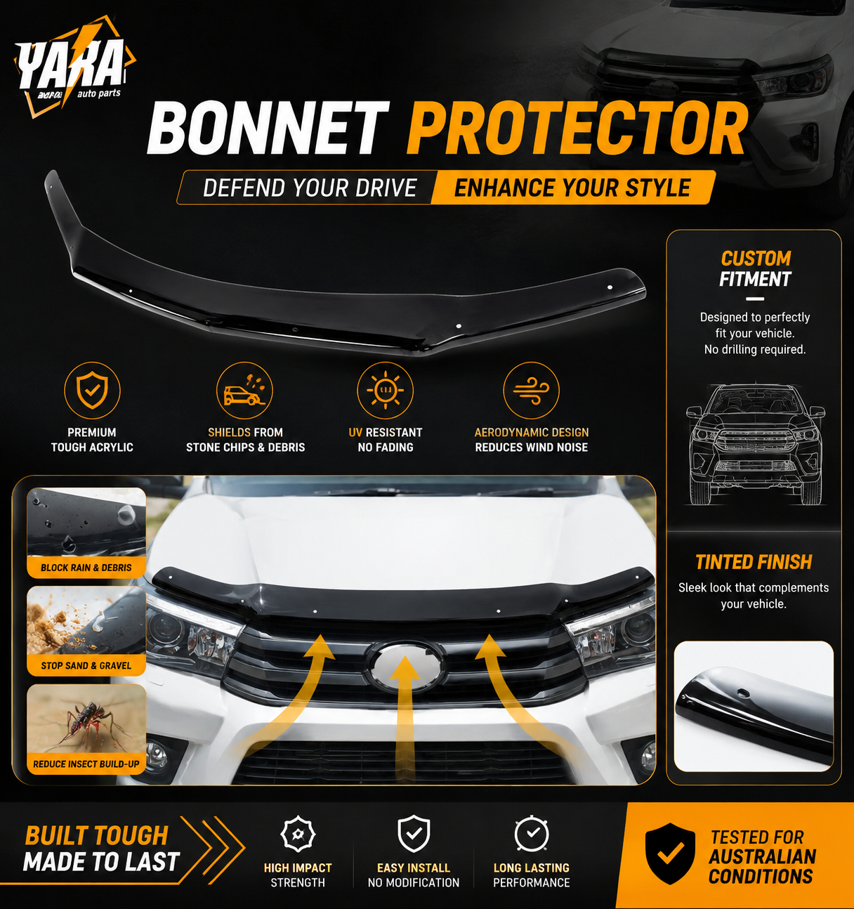 Tinted Bonnet Protecto For Hilux 2015-2020 N80 SR SR5 Workmate Rouge