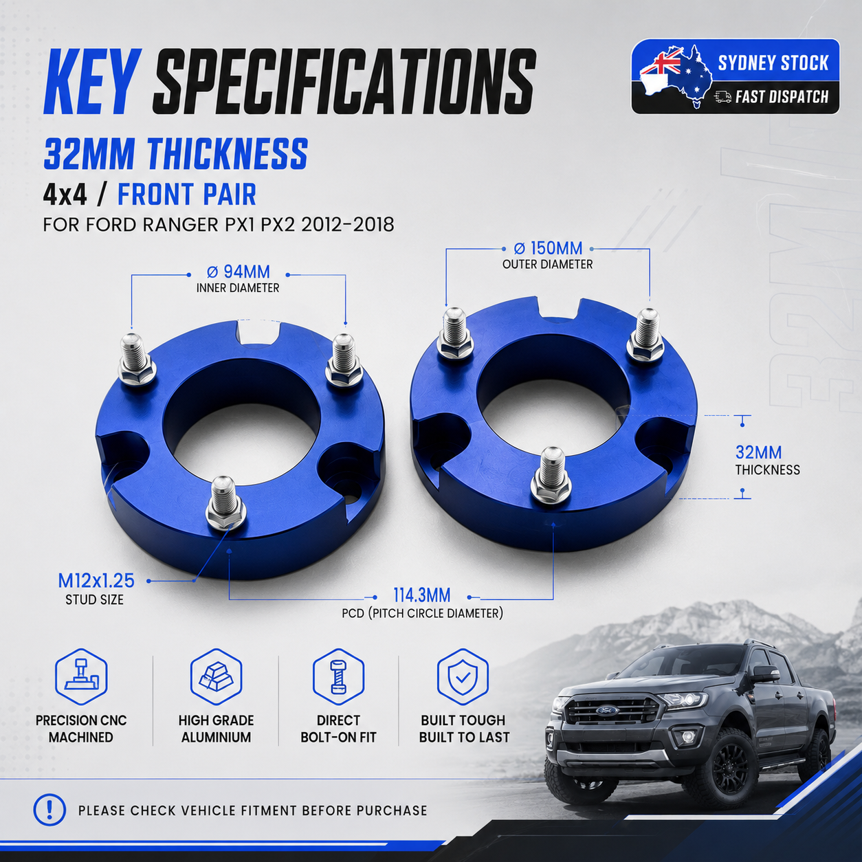 32mm Front Strut Spacer Lift Kit Pair for Ford Ranger PX1 PX2 2012–2018