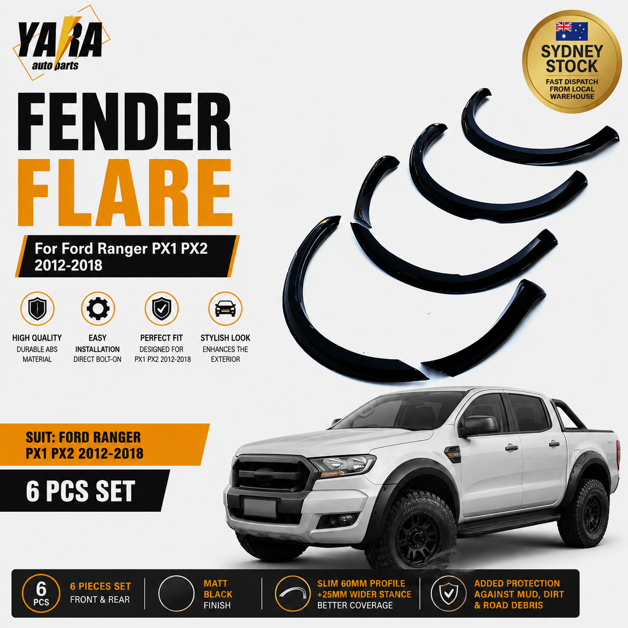 Slim Style Matte Black Fender Flares for Ford Ranger PX2 2012–2018 | 6PCS Guard Arch Kit