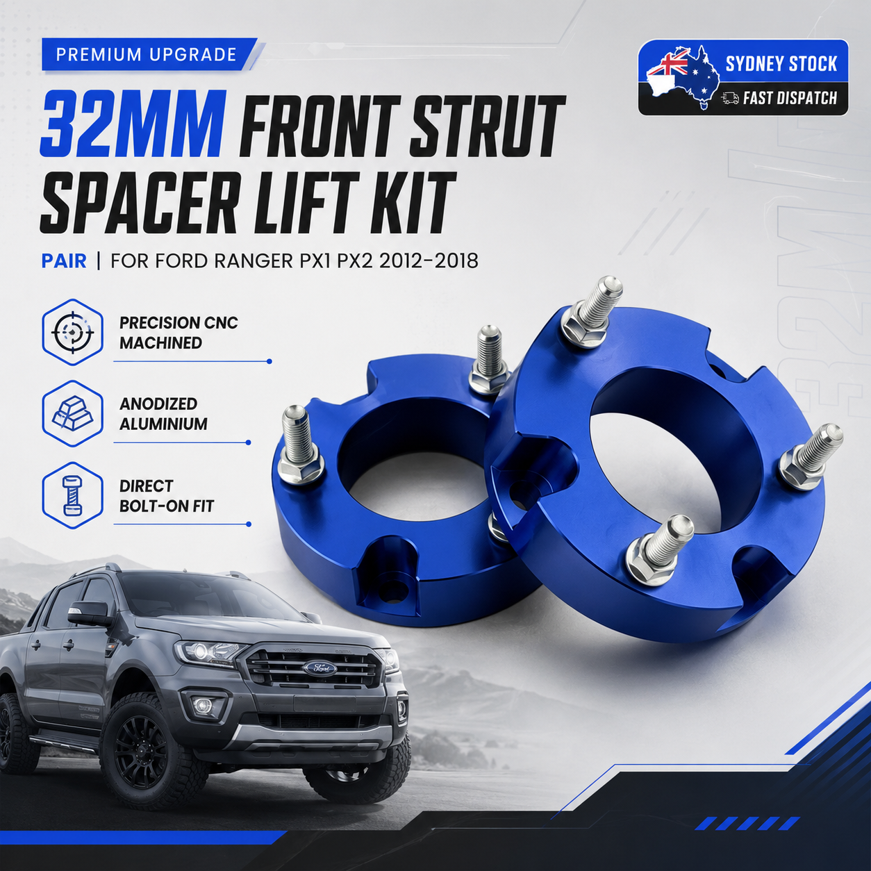 32mm Front Strut Spacer Lift Kit Pair for Ford Ranger PX1 PX2 2012–2018