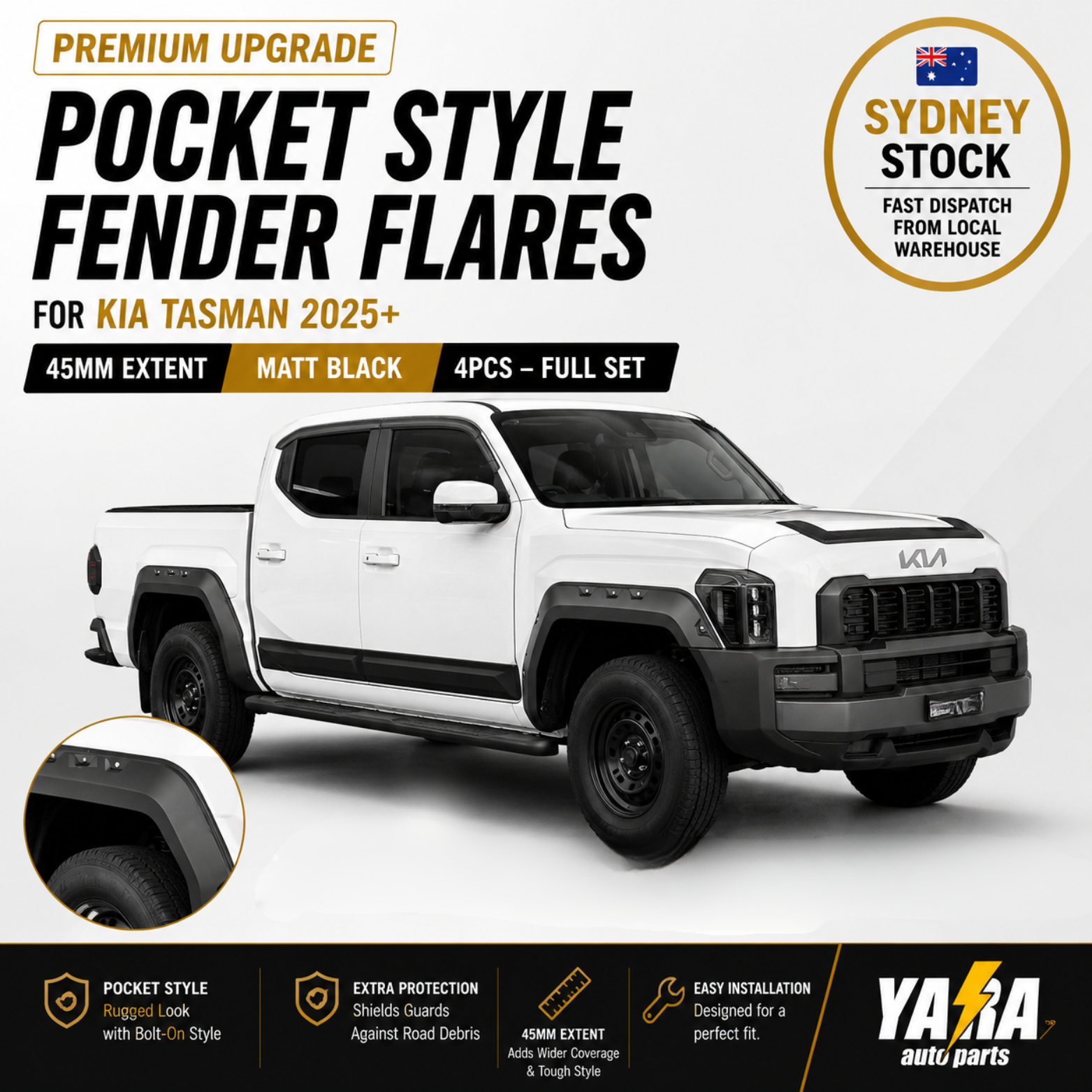 Pocket Style Fender Flares  Wheel Arch 45mm Extent for Kia Tasman 2025+ 4pcs