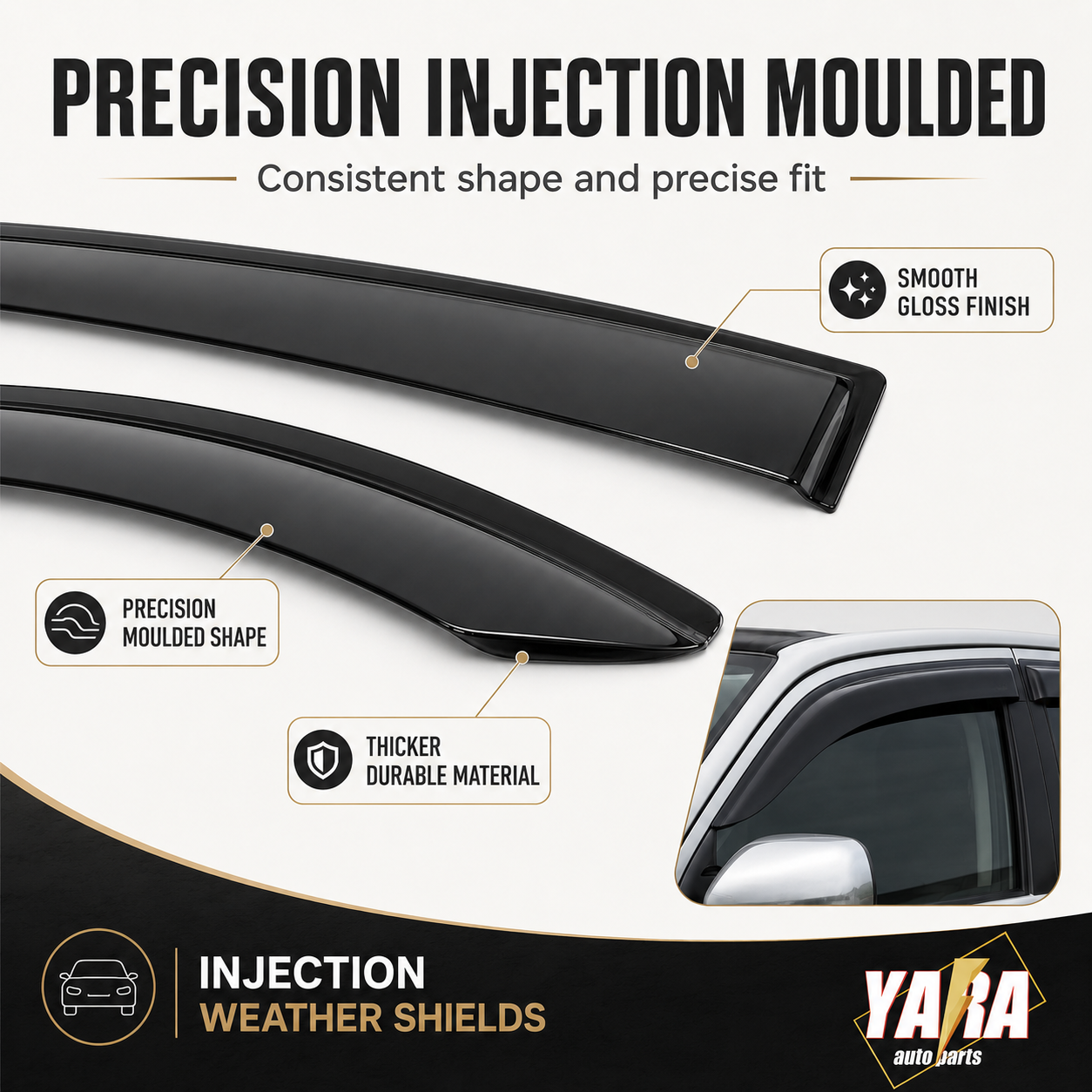 Precision injection moulded YARA injection weather shields